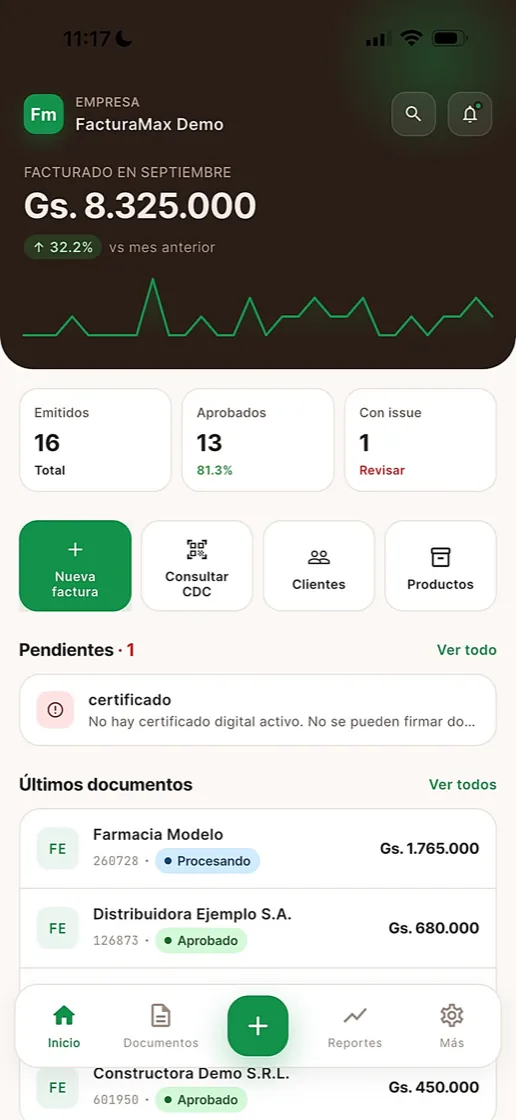 Inicio de la app con lo facturado en el mes, los indicadores y los últimos documentos