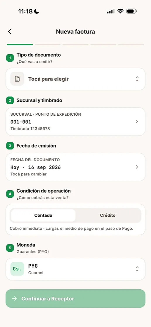 Primer paso para emitir una factura en la app: tipo de documento, sucursal y timbrado, fecha, condición y moneda
