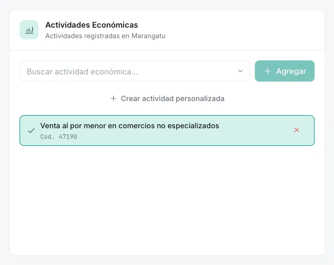 Recuadro Actividades Económicas con el buscador, el botón Agregar, la opción Crear actividad personalizada y una actividad cargada como principal