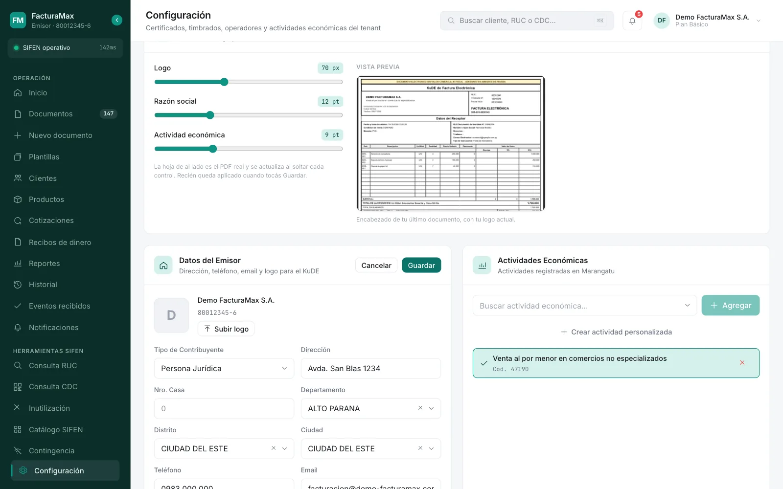 Datos del Emisor en modo edición, con Tipo de Contribuyente, Dirección, Nro. Casa, Departamento, Distrito, Ciudad, Teléfono y Email, y los botones Cancelar y Guardar