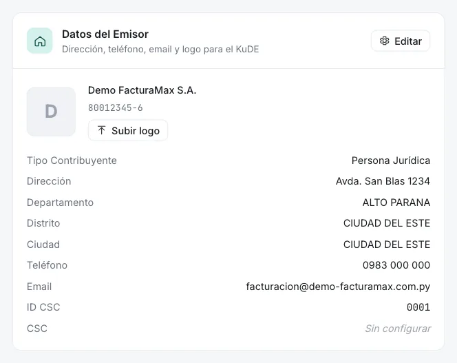 Recuadro Datos del Emisor con la razón social, el RUC, el botón Subir logo y los datos de tipo de contribuyente, dirección, departamento, distrito, ciudad, teléfono, email, ID CSC y CSC