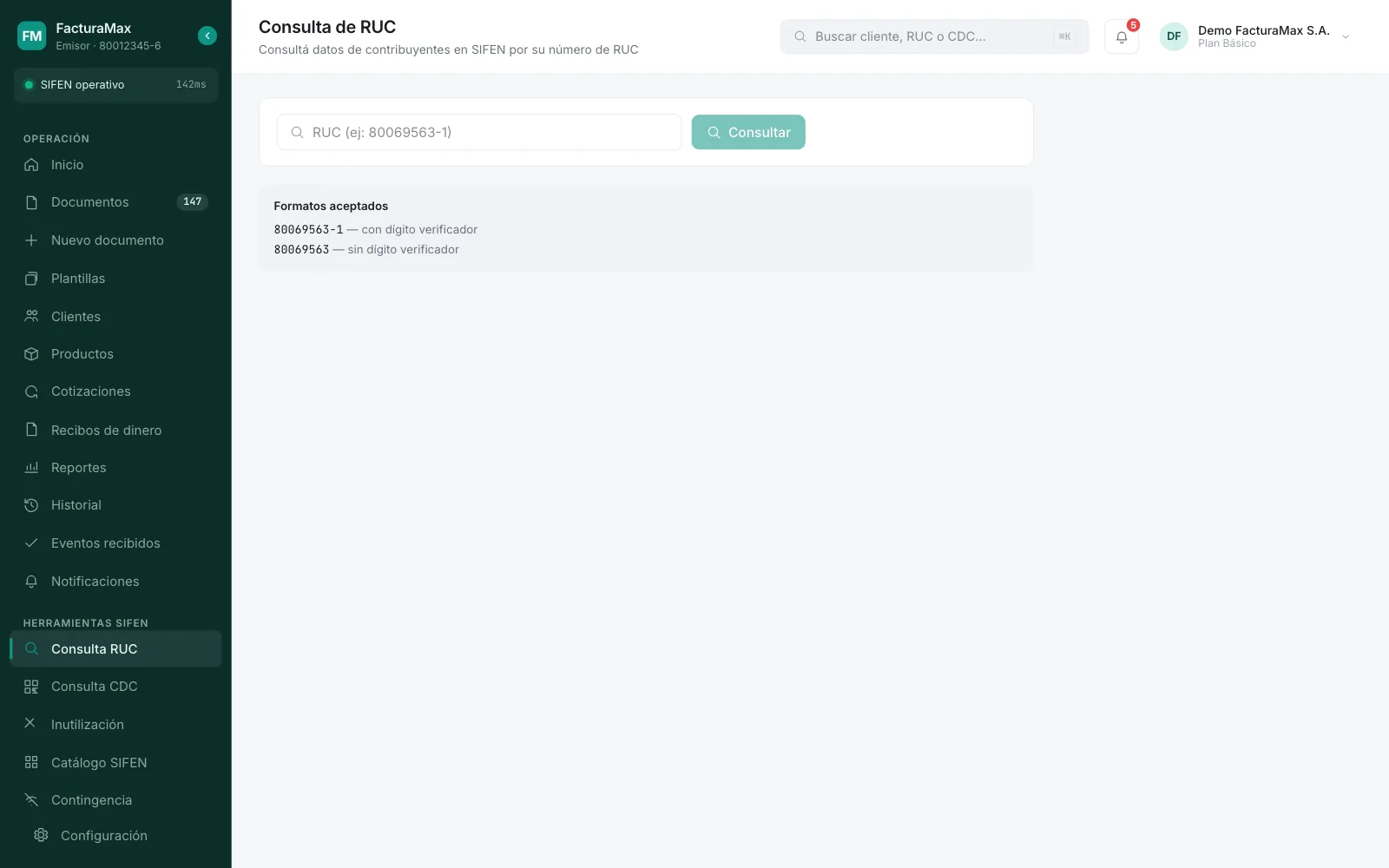 Pantalla Consulta de RUC con el buscador y los formatos aceptados