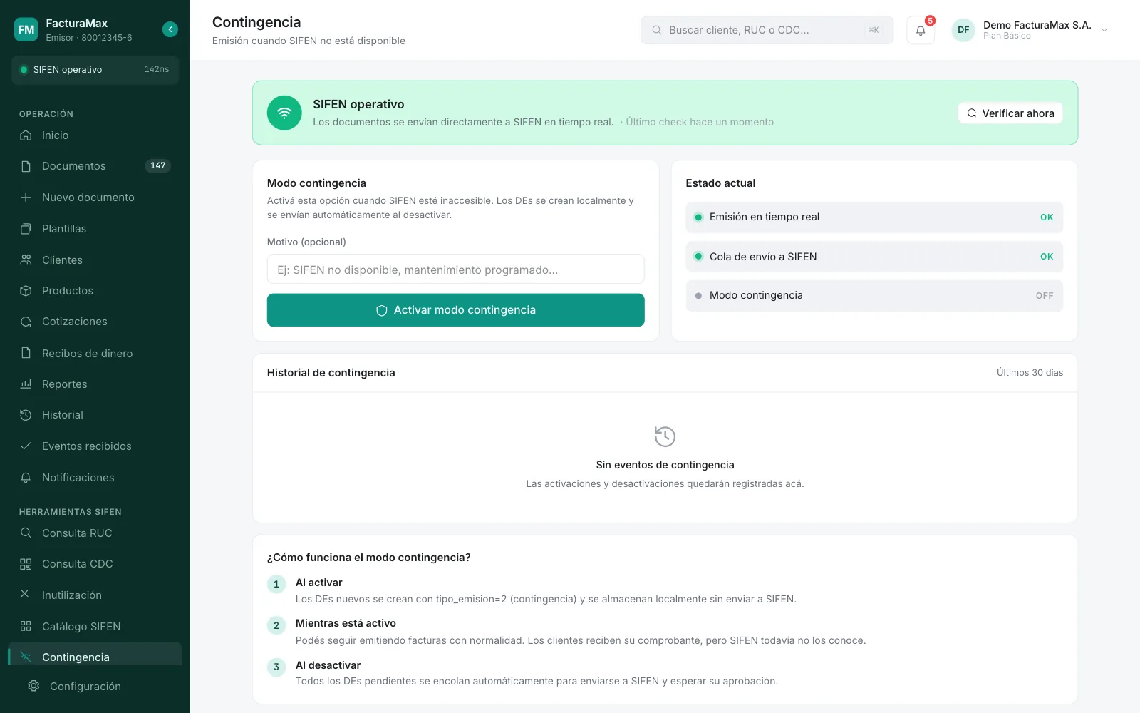 Pantalla Contingencia con el aviso verde SIFEN operativo y el botón Verificar ahora