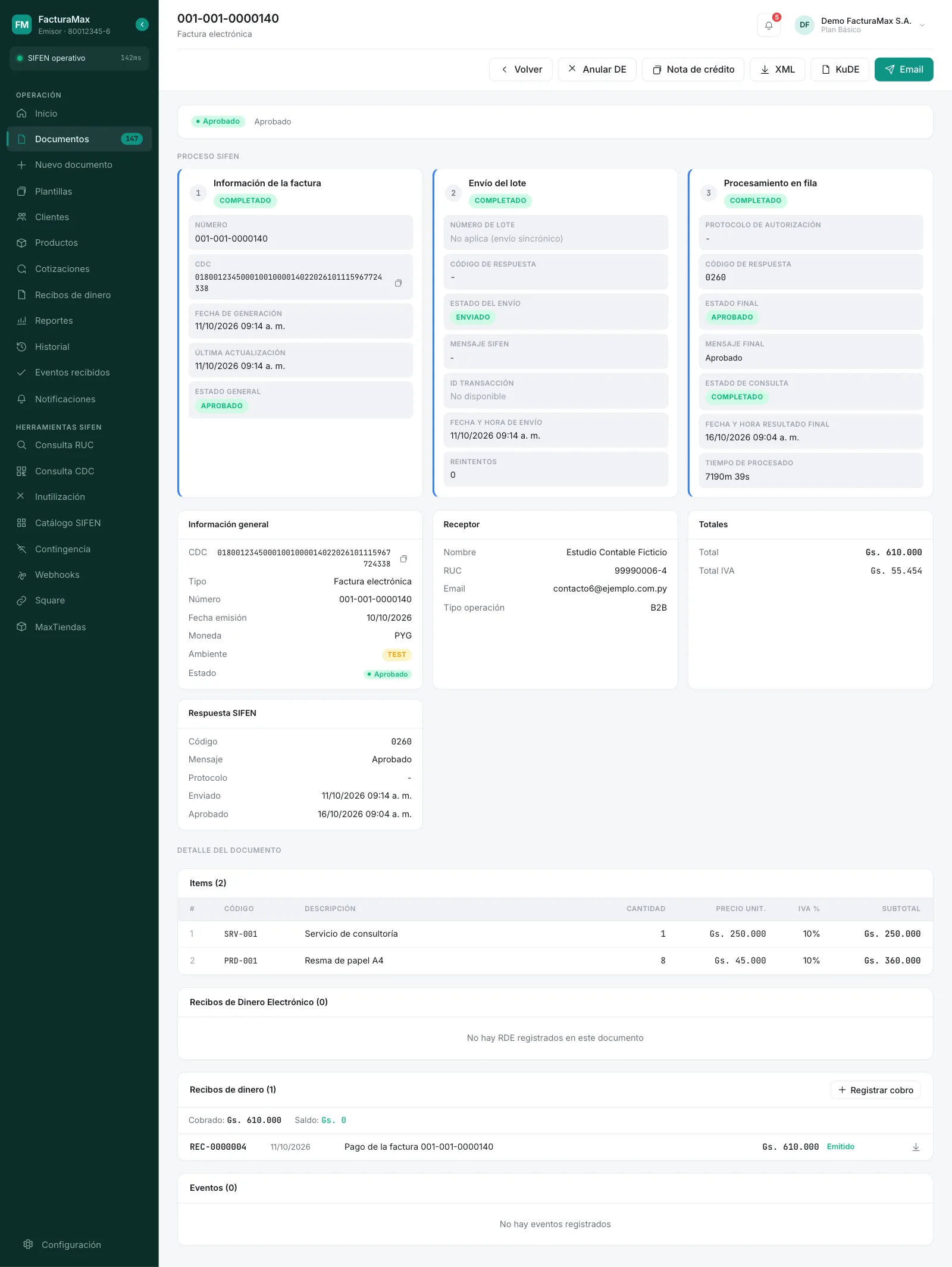 Detalle completo de una factura aprobada: proceso SIFEN, información general, receptor, totales, respuesta SIFEN, ítems, recibos y eventos