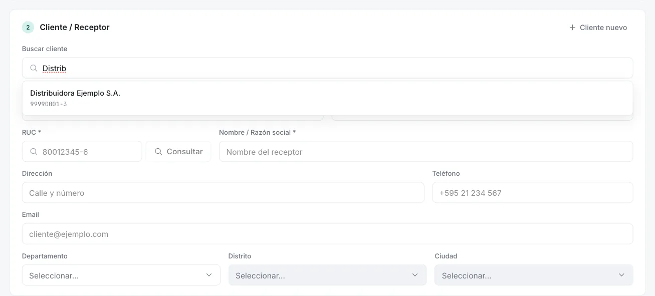 Buscador de clientes mostrando una sugerencia al escribir Distrib
