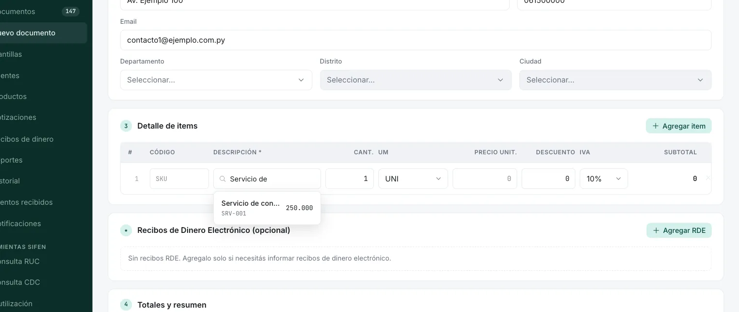 Detalle de items de una factura con la lista de sugerencias del catálogo mientras se escribe la descripción