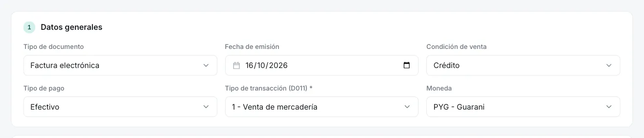 Datos generales con la condición de venta en Crédito