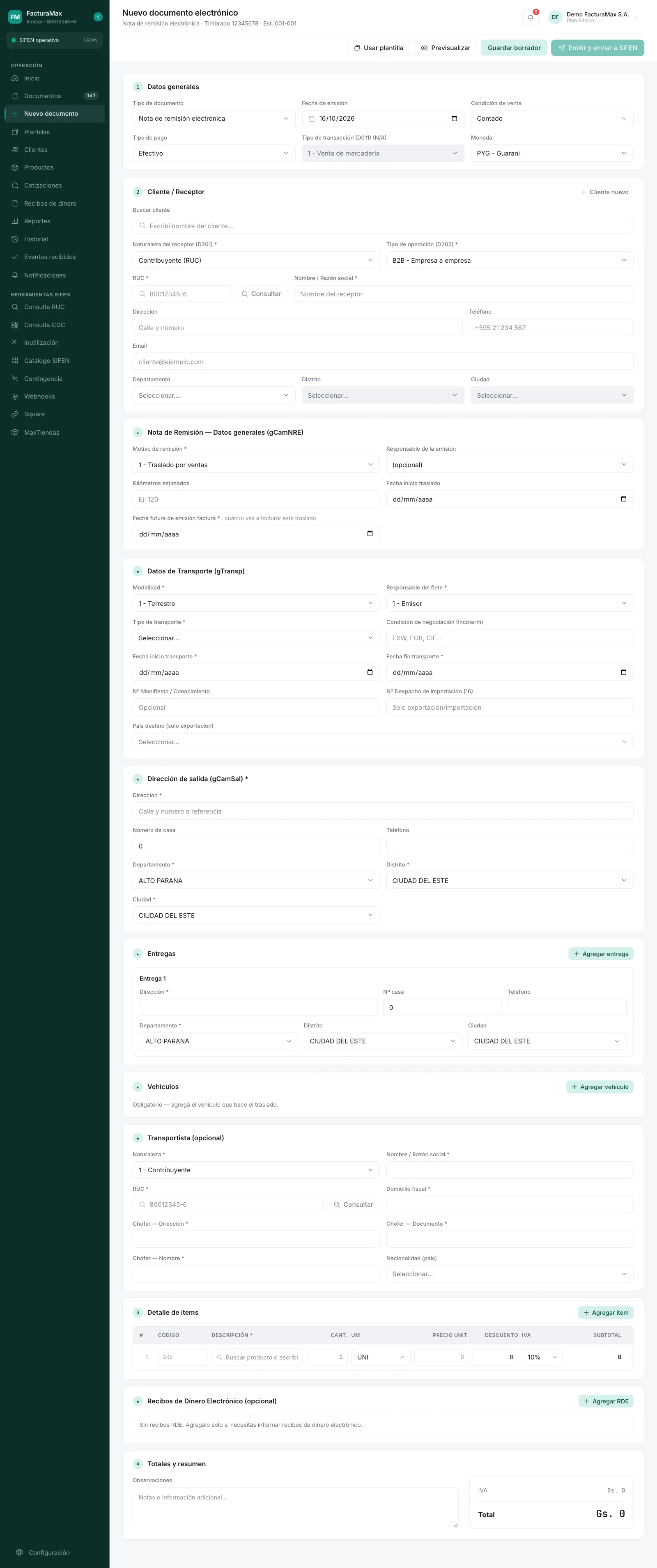 Formulario completo de nota de remisión con los bloques de datos generales, transporte, dirección de salida, entregas, vehículos y transportista
