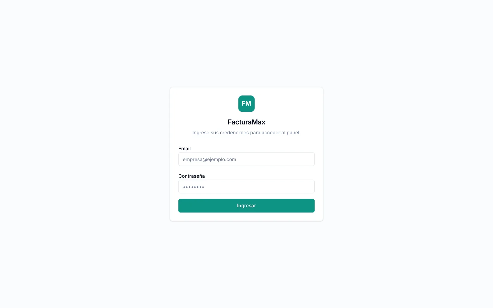 Pantalla de ingreso de FacturaMax con los campos Email y Contraseña y el botón Ingresar