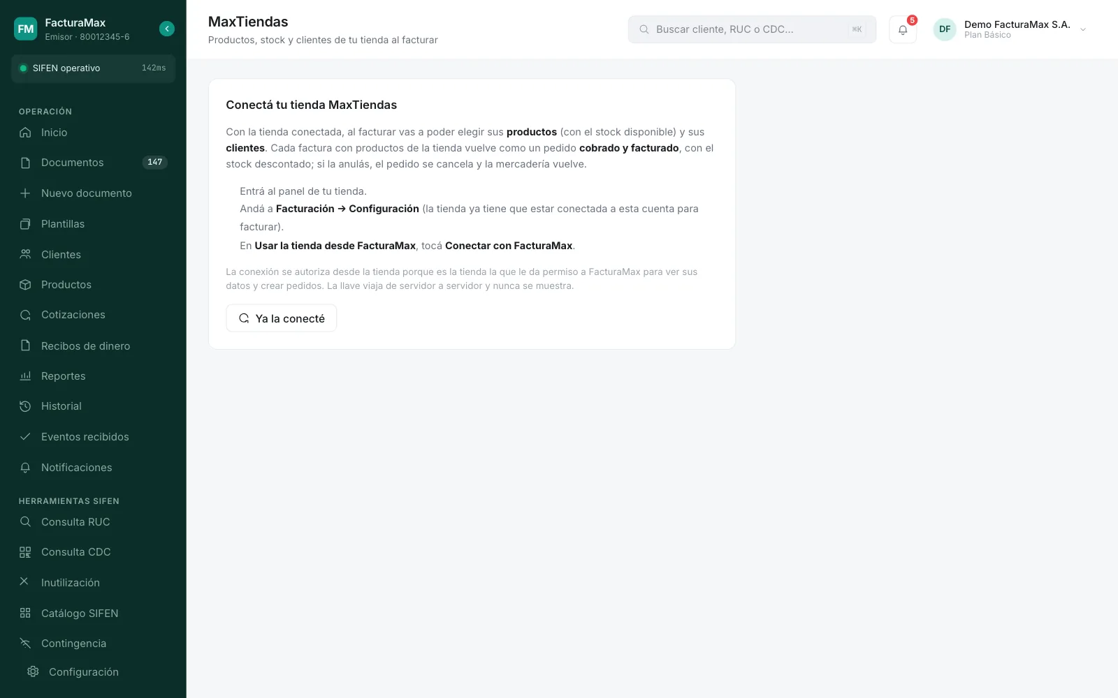 Pantalla MaxTiendas sin tienda conectada, con los pasos para conectarla y el botón Ya la conecté