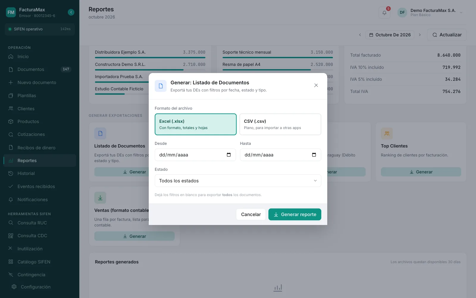 Ventana Generar Listado de Documentos con el formato Excel o CSV, las fechas Desde y Hasta y el filtro de estado