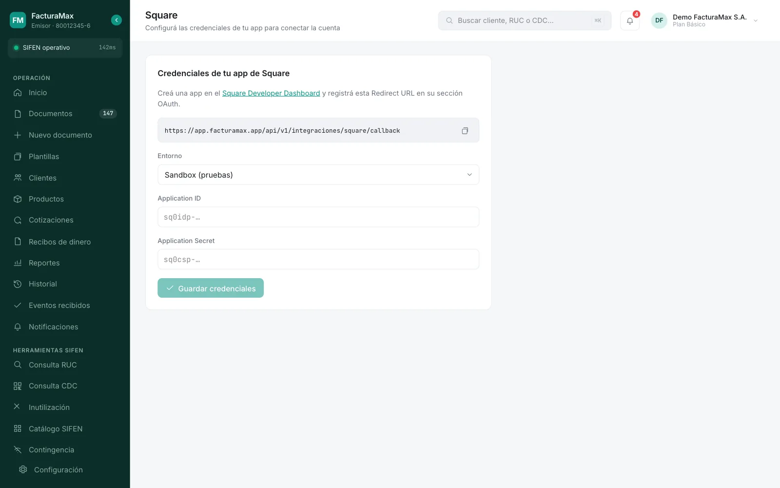 Paso Credenciales de tu app de Square con la Redirect URL, el entorno, el Application ID y el Application Secret