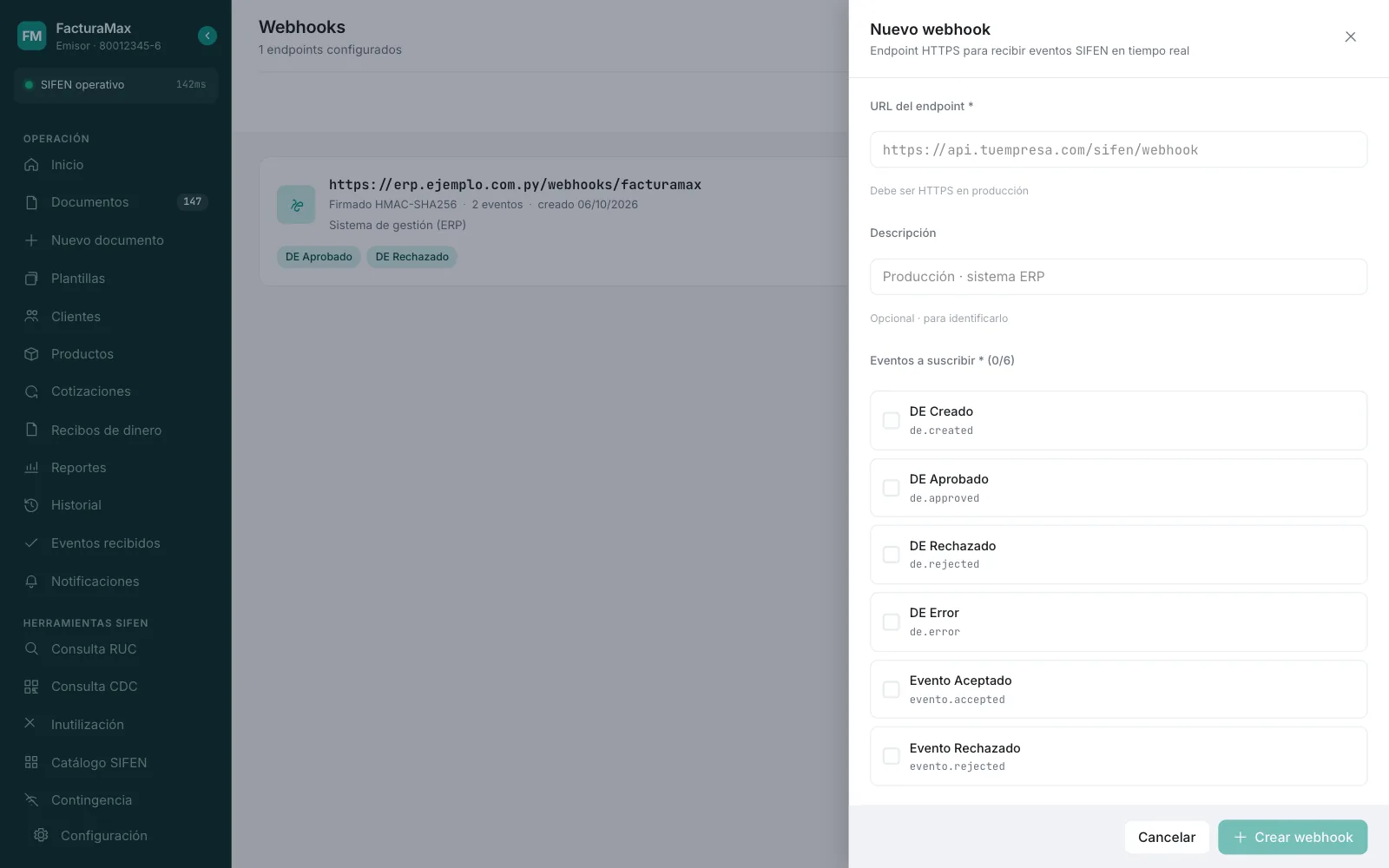 Panel Nuevo webhook con la URL del endpoint, la descripción y los seis eventos para suscribir